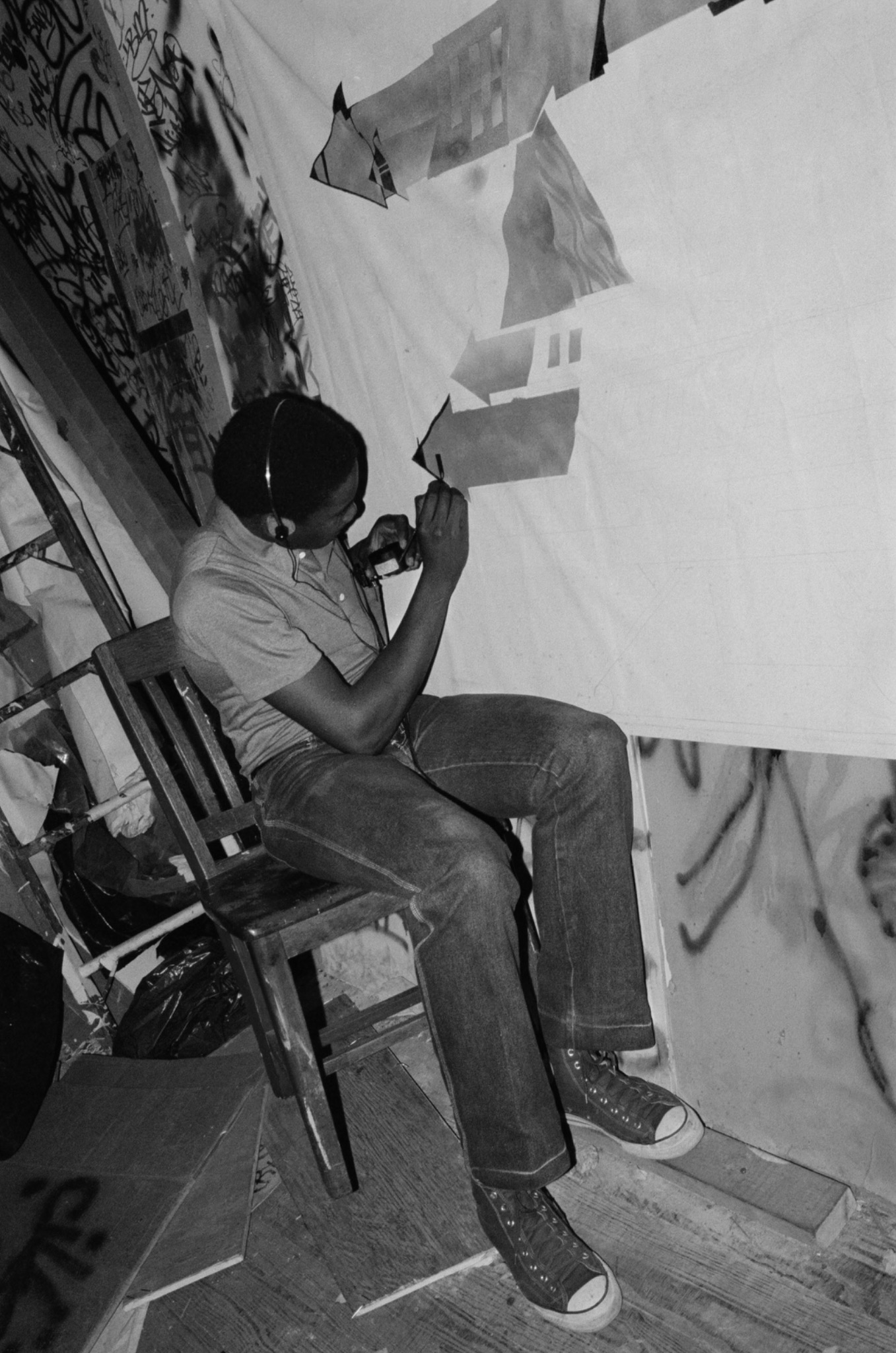 Kool Koor creating his first artwork on canvas at Fashion Moda, 1982