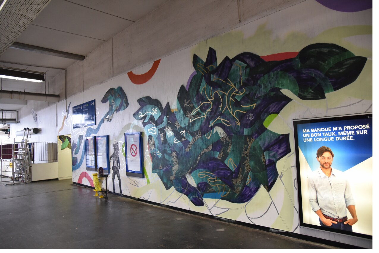 Second Kool Koor mural intervention integrated into Gare du Nord architecture